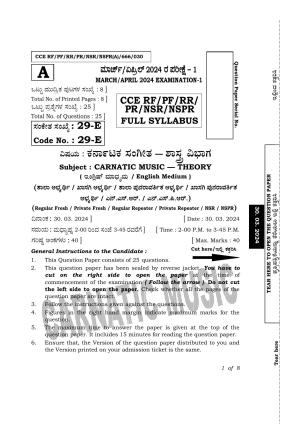 Karnataka SSLC Karnataka Music (English Medium-Theory) Exam 1 Question Paper 2024 (A Version)