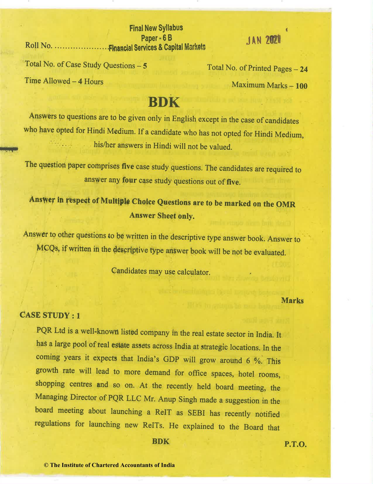 CA Final Jan 2021 Question Paper - Paper 6B – Financial Services and Capital Markets - Page 1