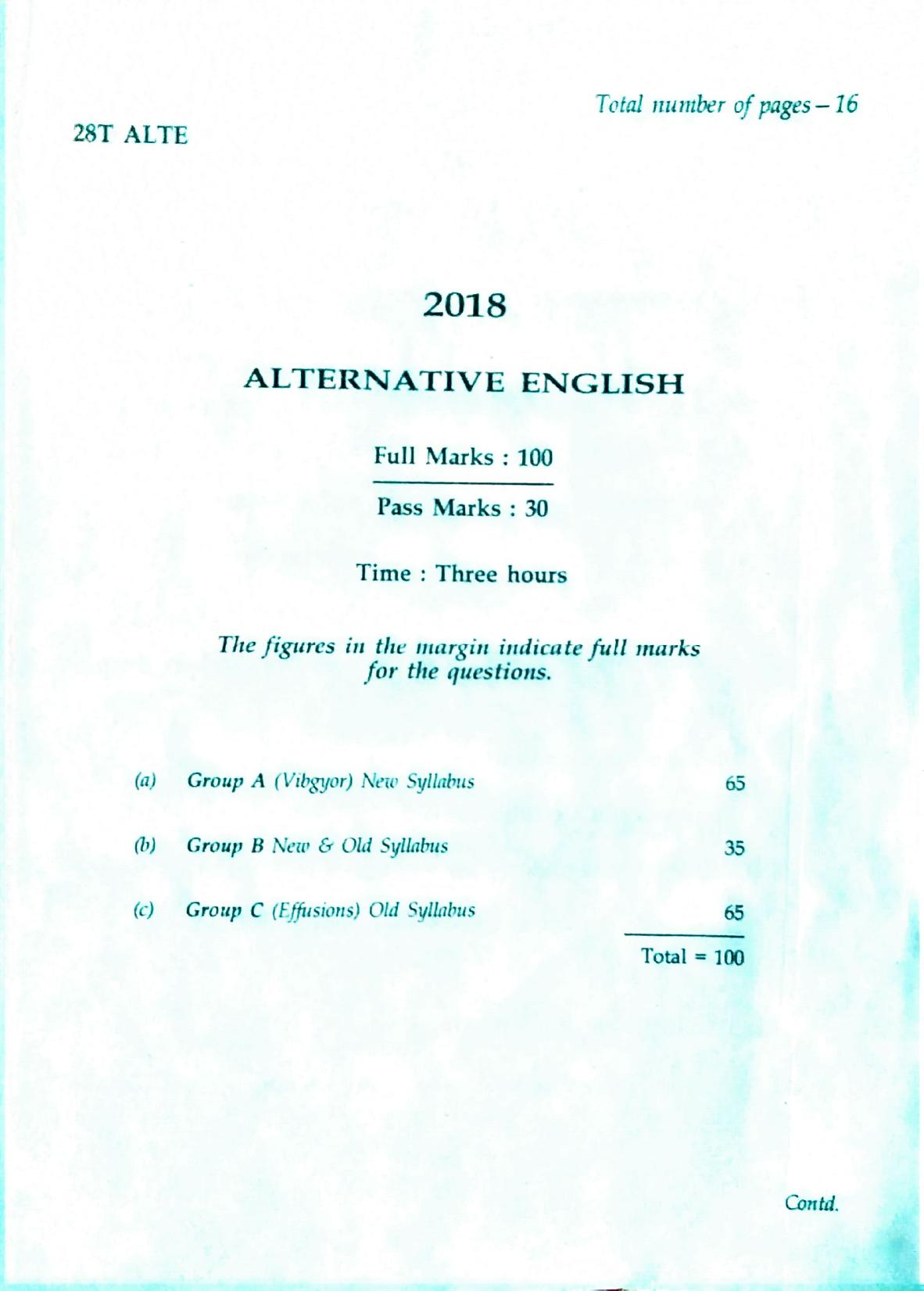 Assam HS 2nd Year Alternative English 2018 Question Paper - Page 1