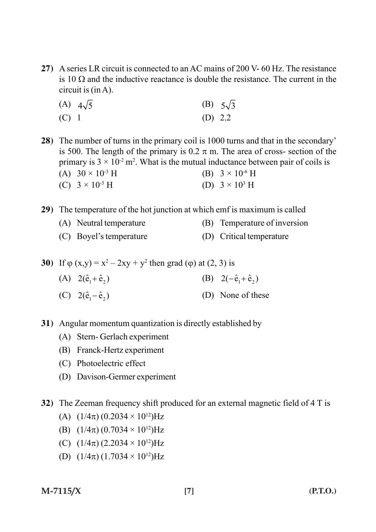Mysore University PG Entrance Exam 2019: Physics Question Paper - Page 7