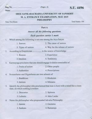 SSUS Entrance Exam PHILOSOPHY 2015 Question Paper