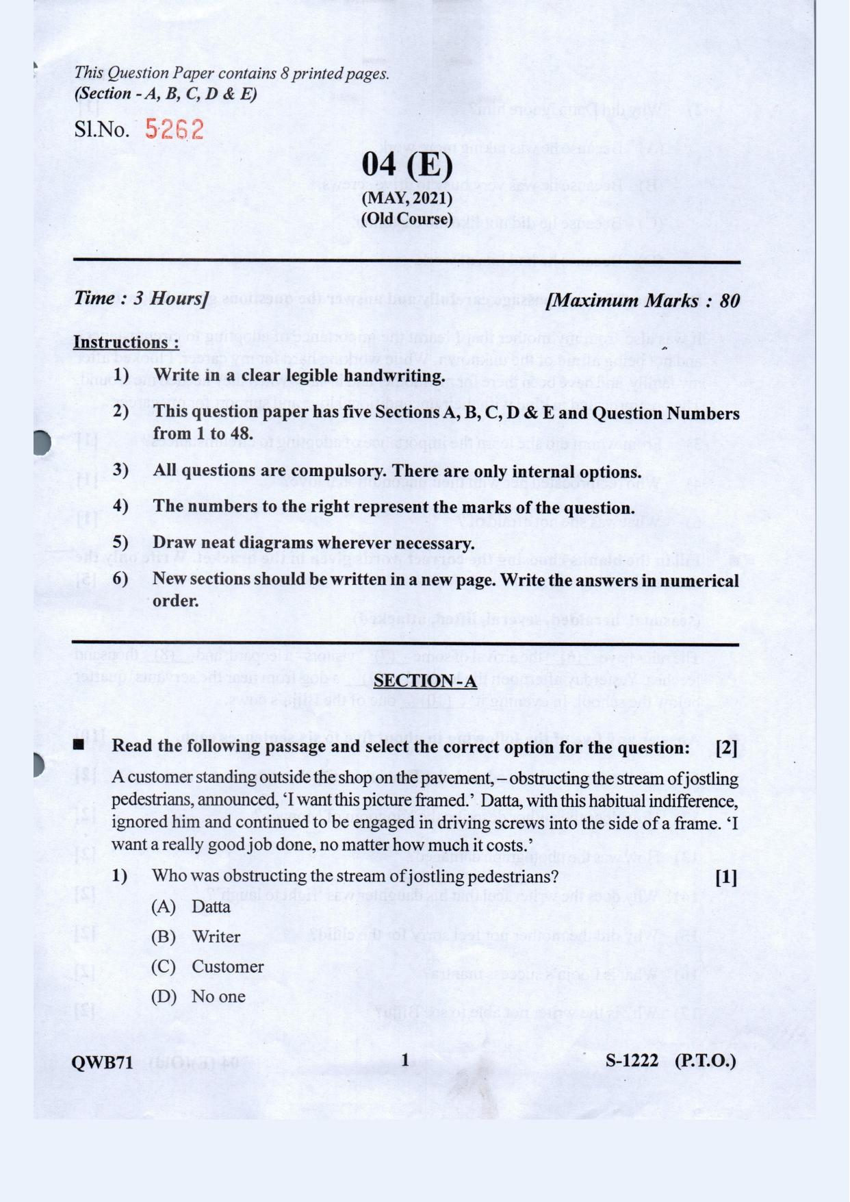 Gujarat Board Class 10th English F.L. Old May 2021 Question Paper - Page 1