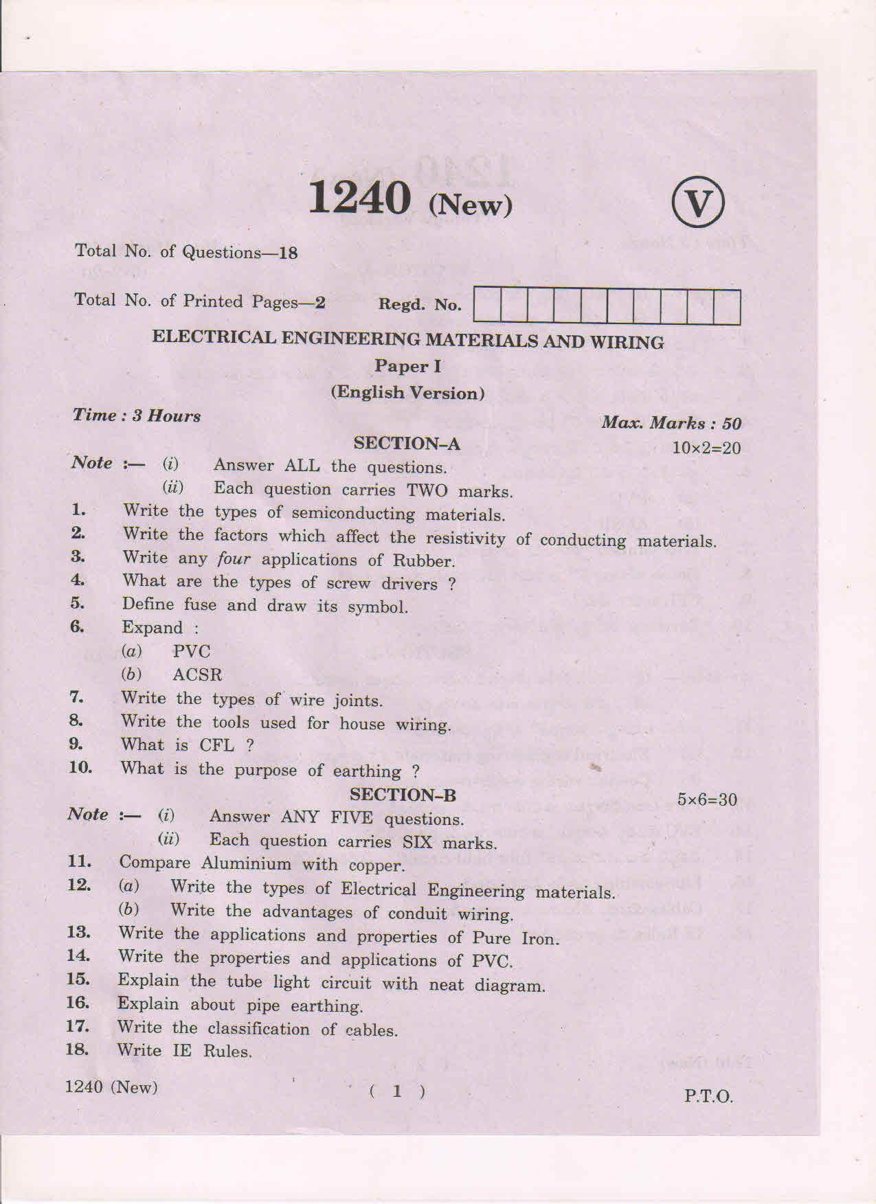 AP Inter 1st Year Electrical Engineering Materials and Wiring-I (New) March-2019-Vocational Question Paper - Page 1