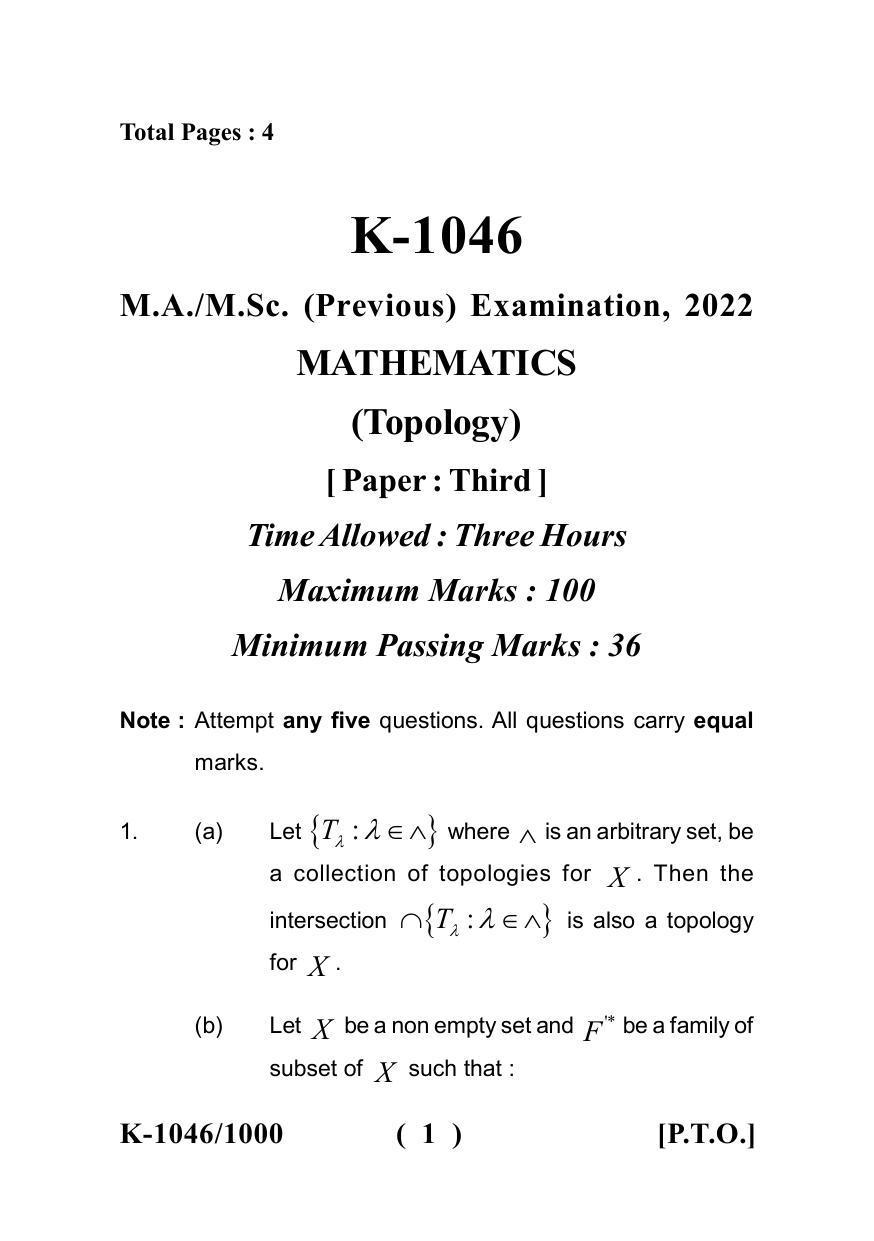 Sarguja University Question Paper - 2022 : M.A./M.Sc. (Previous) Mathematics Topology Paper I - Page 1