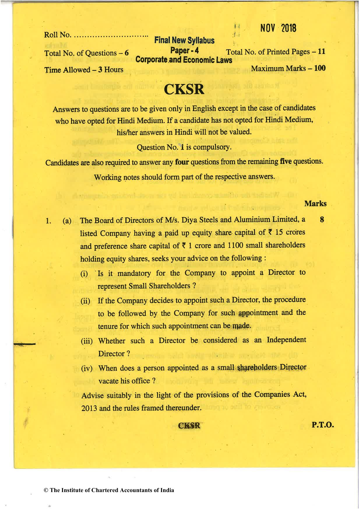 CA Final Nov 2018 Question Paper - Paper 4 – Corporate & Economic Laws - Page 1