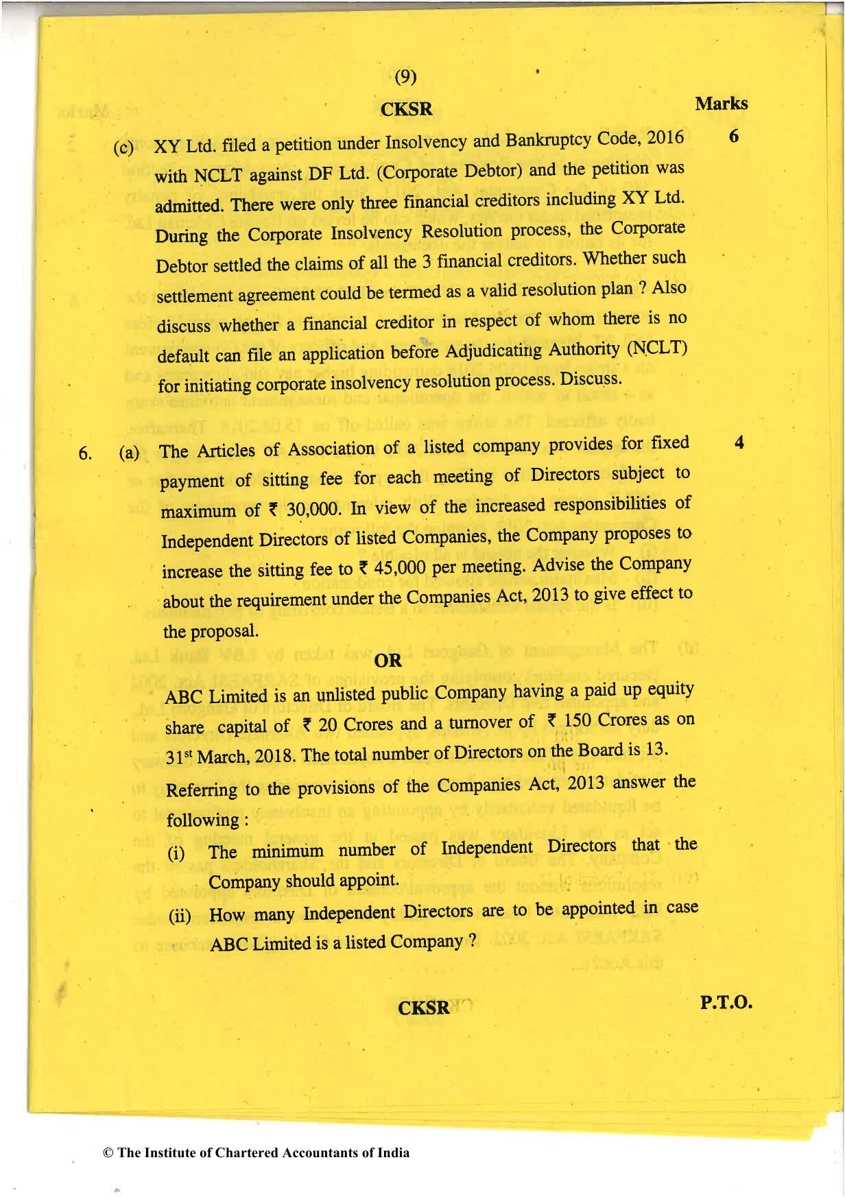 CA Final Nov 2018 Question Paper - Paper 4 – Corporate & Economic Laws - Page 9