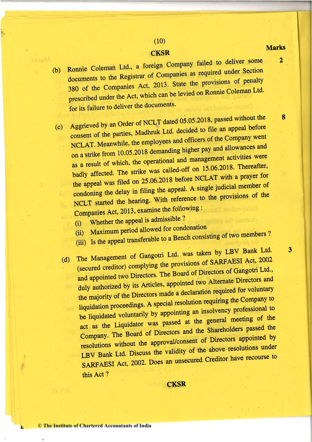 CA Final Nov 2018 Question Paper - Paper 4 – Corporate & Economic Laws - Page 10