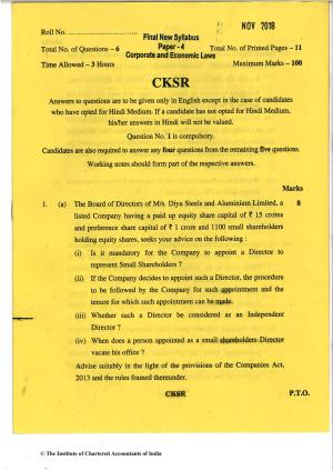CA Final Nov 2018 Question Paper - Paper 4 – Corporate & Economic Laws