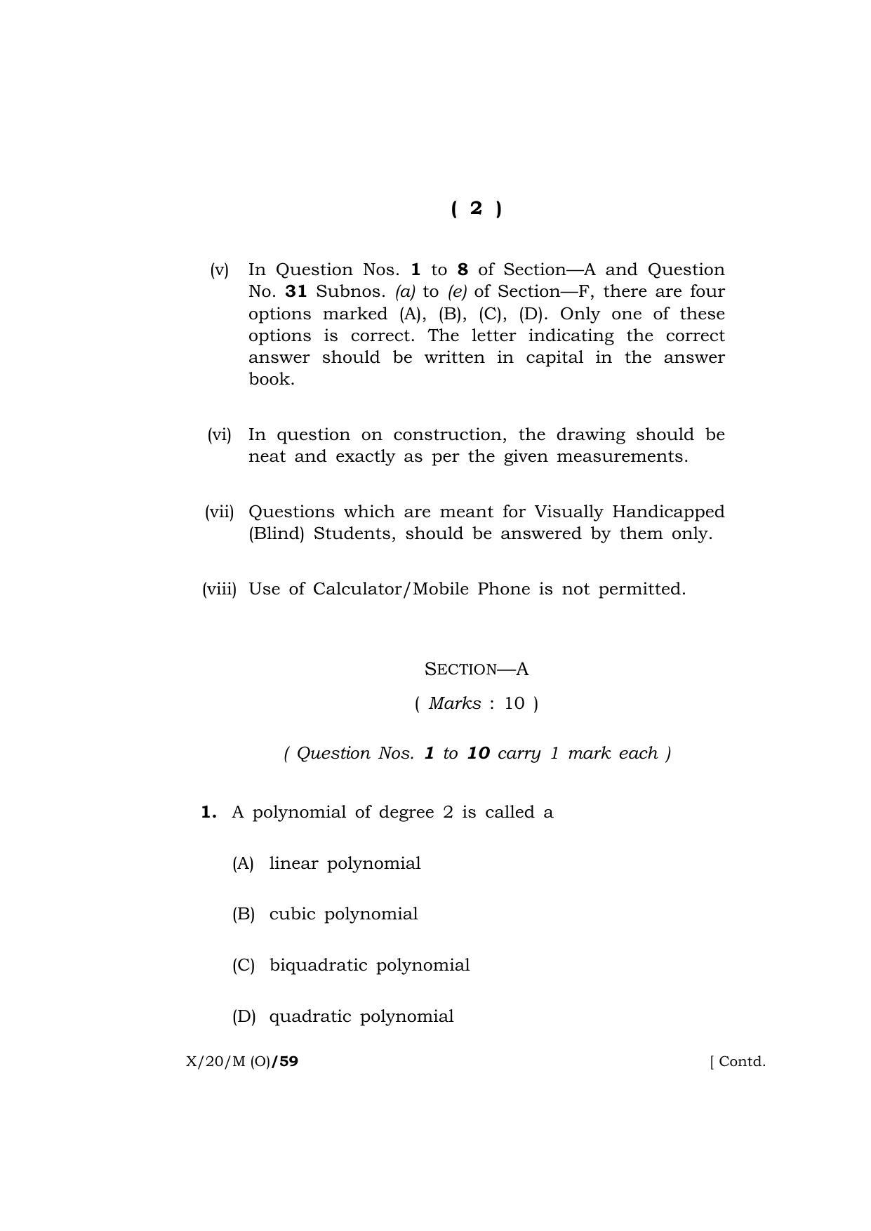 Meghalaya Board (MBOSE) Class 10 MATHEMATICS ( Old Course ) 2020 Question Paper - Page 2