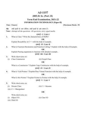 Bilaspur University Question Paper 2021-2022:B. Sc. Part-II (Two) Information Technology Paper 2