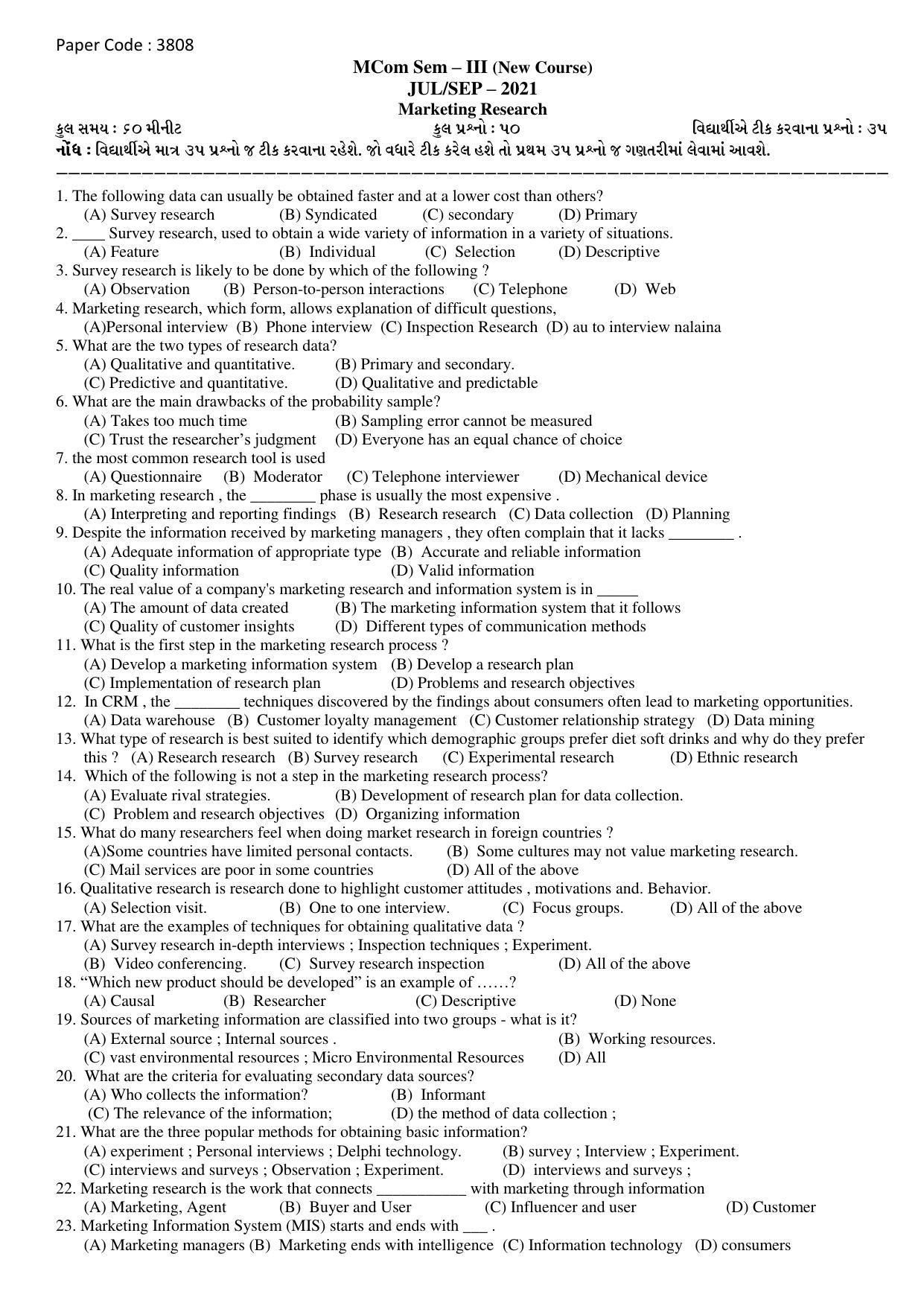 Hemchand North Gujarat University Sample Paper July-Sept 2021: M.Com Sem – III Marketing Research Paper Code : 3808 (New Course) - Page 4