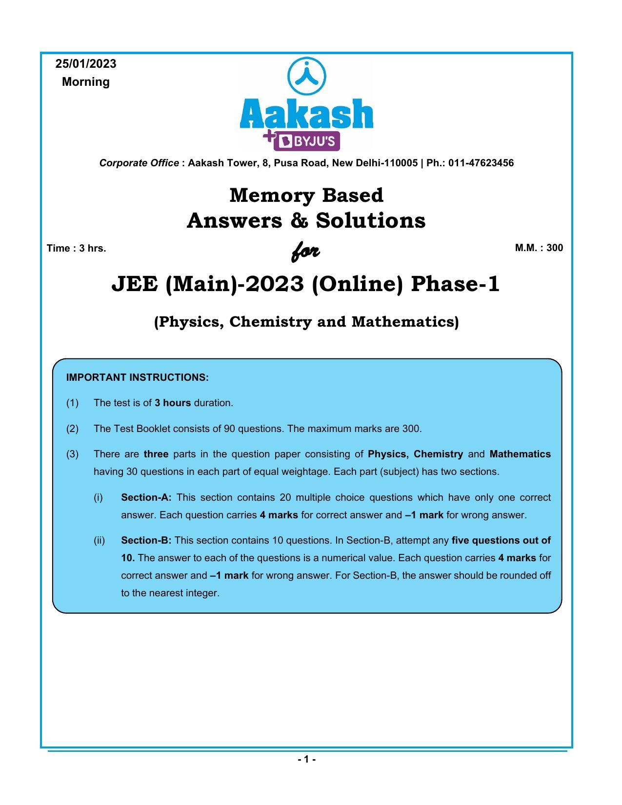 JEE Main 2023 January 25 Shift 1 Paper with Solution (Aakash) - Page 1