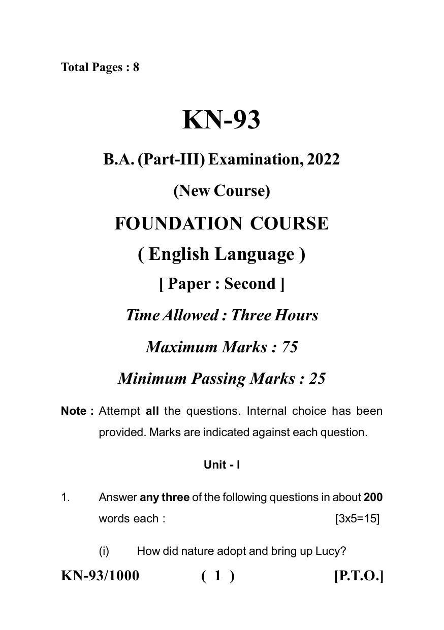 Sarguja University Question Paper - 2022 : B.A. Part Three (10+2+3) 3 Y DC F.C. :English Language Paper I - Page 1