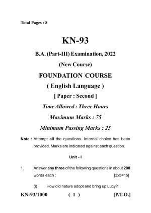 Sarguja University Question Paper - 2022 :   B.A. Part Three (10+2+3) 3 Y DC F.C. :English Language Paper I