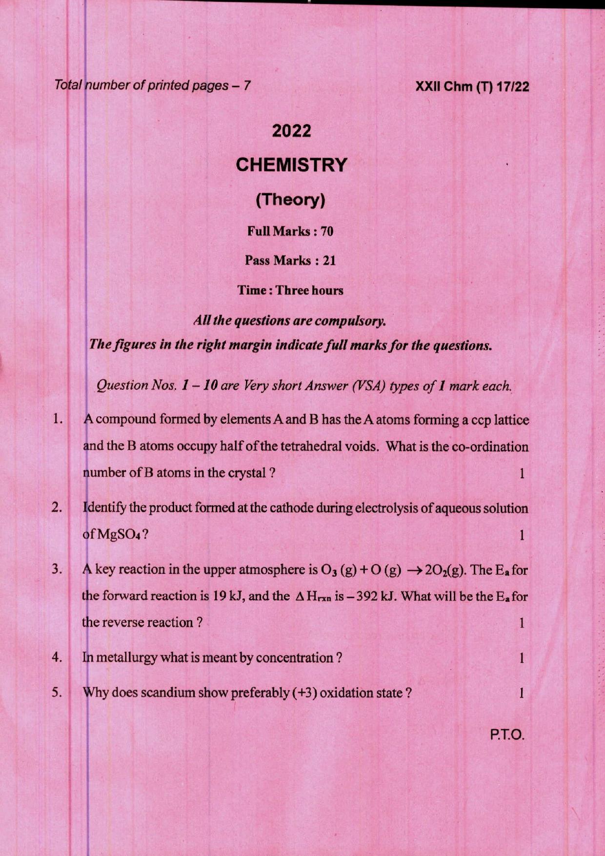 COHSEM 12th Question Papers 2022 Chemistry - Page 1