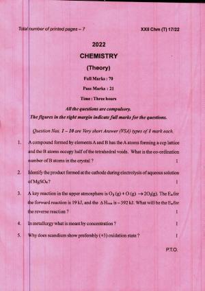 COHSEM 12th Question Papers 2022 Chemistry