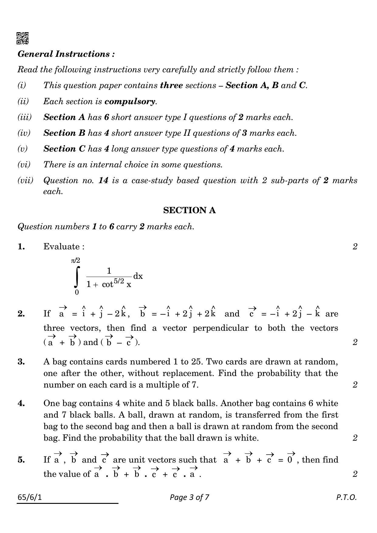 CBSE Class 12 65-6-1 MATHS 2022 Compartment Question Paper - Page 3