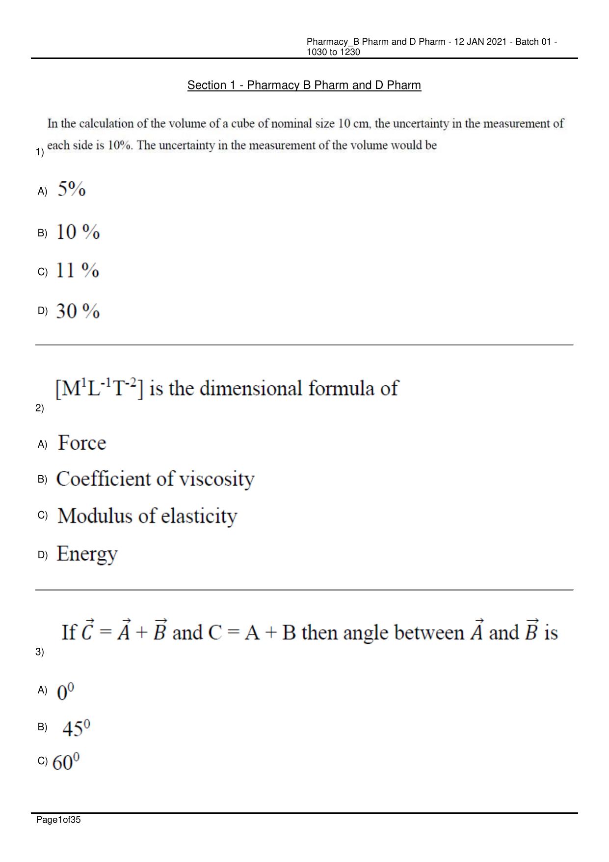 RUHS Pharmacy (BD) 2021 Question Papers with Answer Key - Page 1