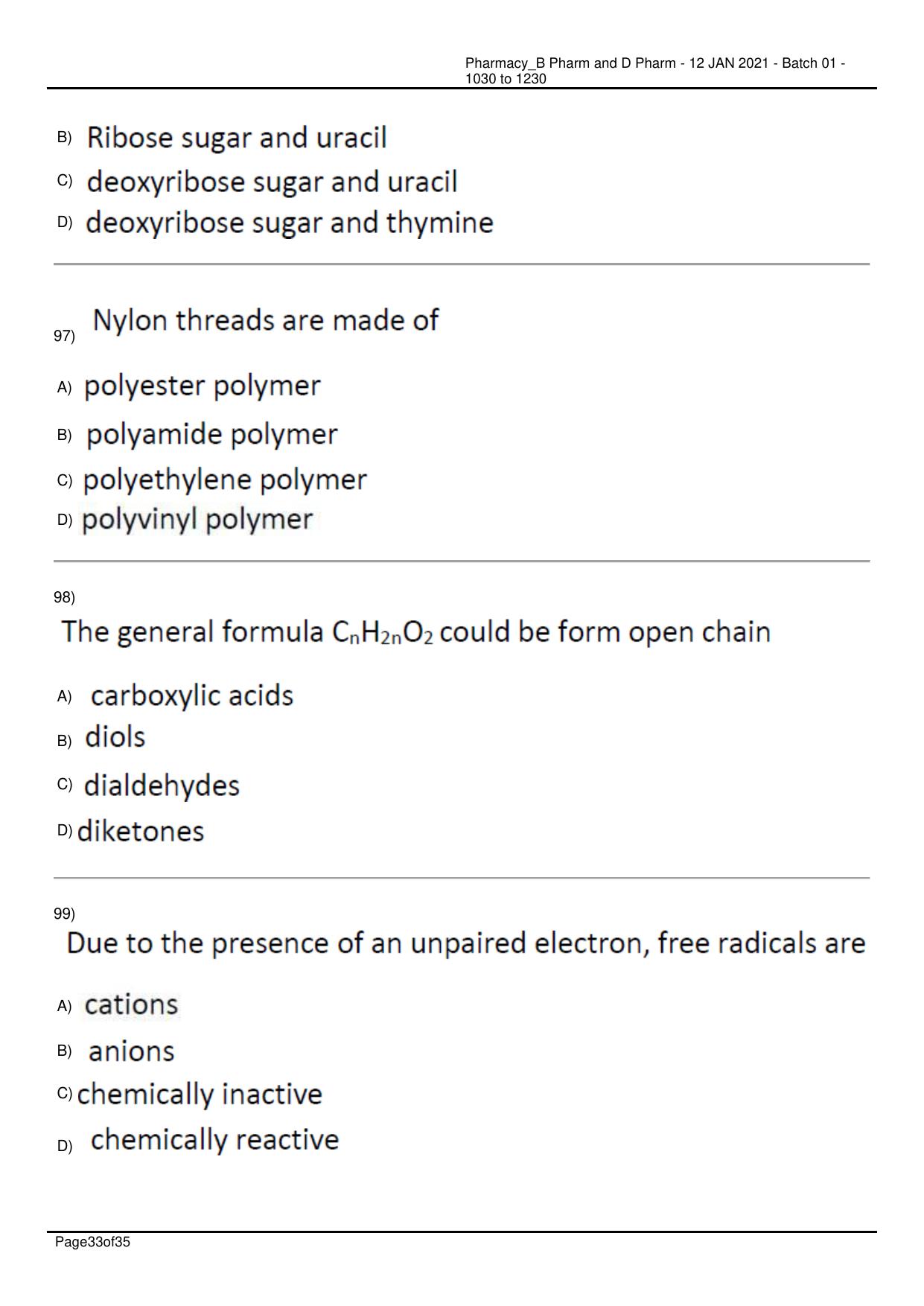 RUHS Pharmacy (BD) 2021 Question Papers with Answer Key - Page 33