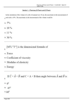 RUHS Pharmacy (BD) 2021 Question Papers with Answer Key