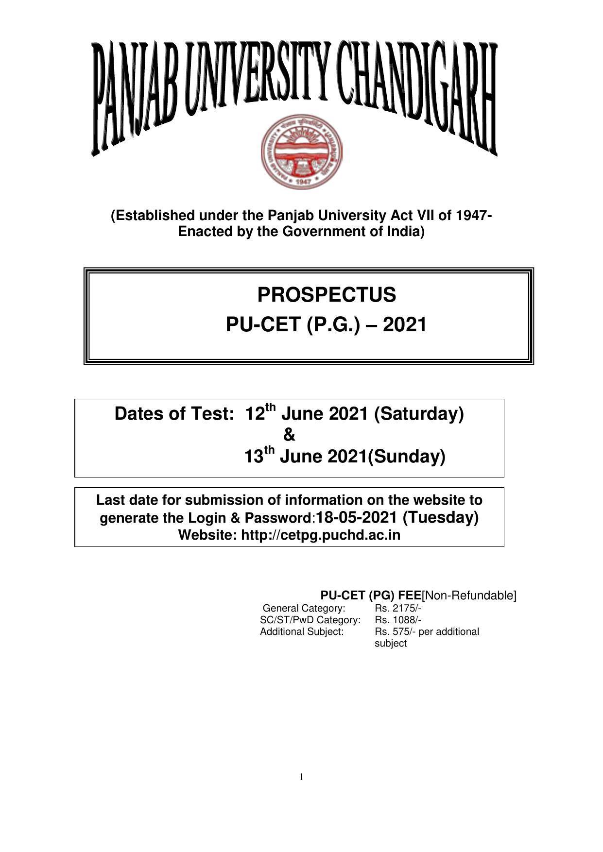 Panjab University, Chandigarh PG Prospectus 2021 - Page 1