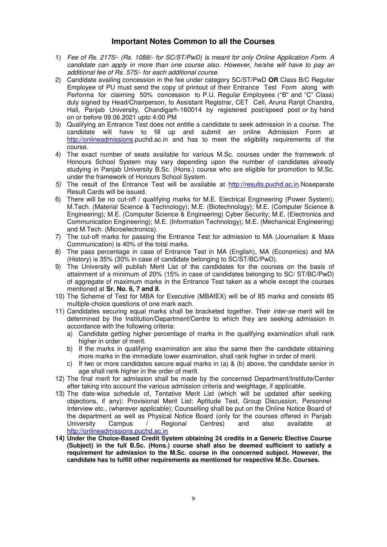 Panjab University, Chandigarh PG Prospectus 2021 - Page 9