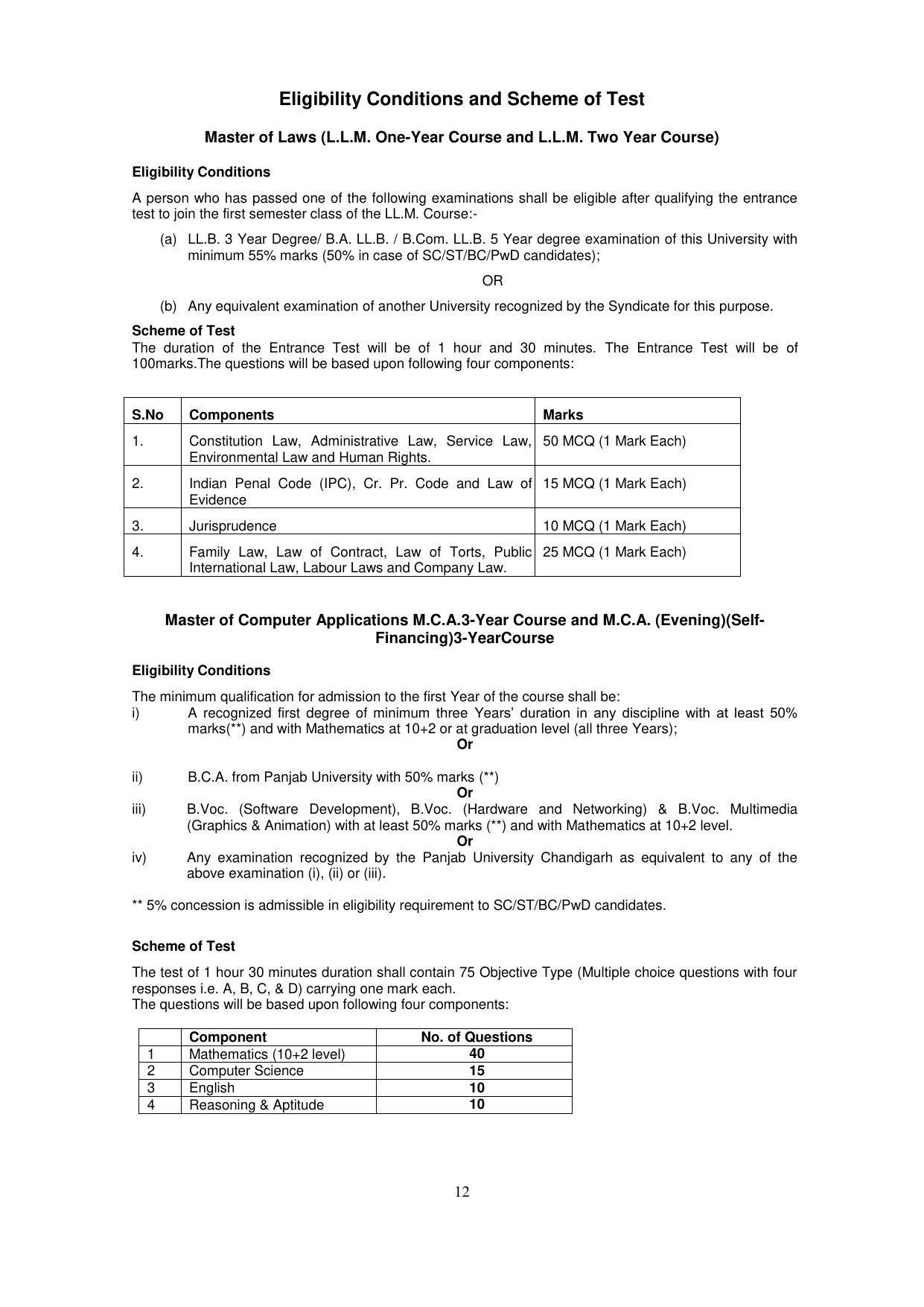Panjab University, Chandigarh PG Prospectus 2021 - Page 12