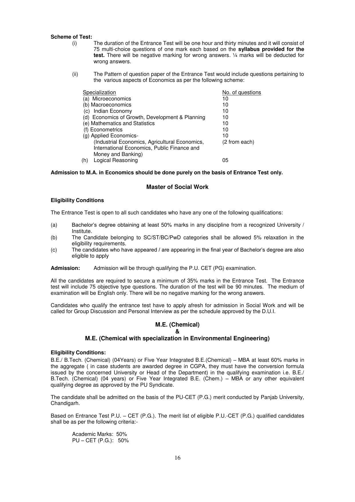 Panjab University, Chandigarh PG Prospectus 2021 - Page 16