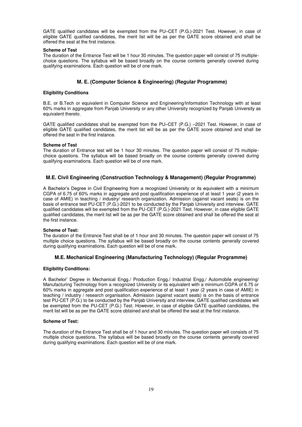 Panjab University, Chandigarh PG Prospectus 2021 - Page 19