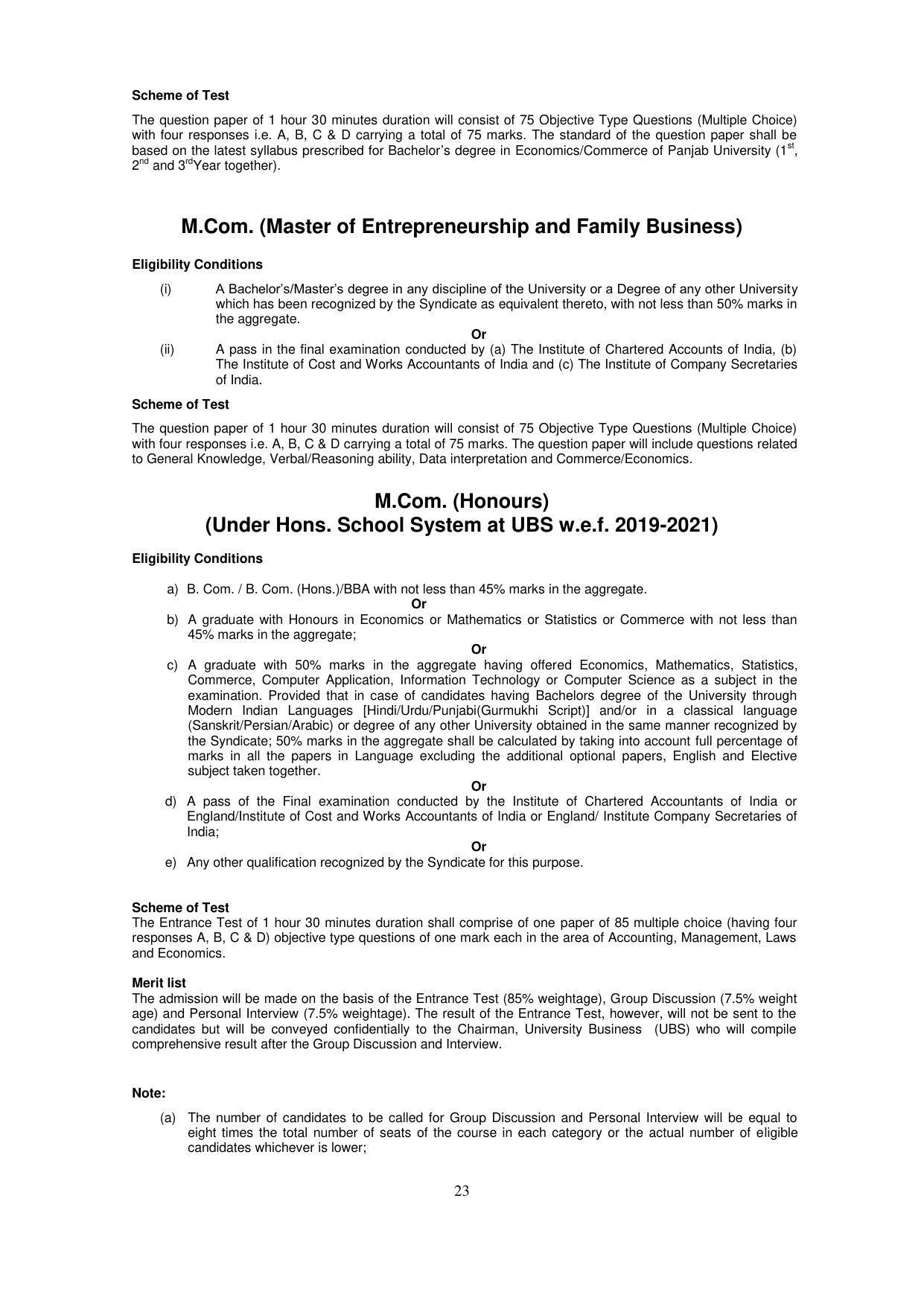 Panjab University, Chandigarh PG Prospectus 2021 - Page 23