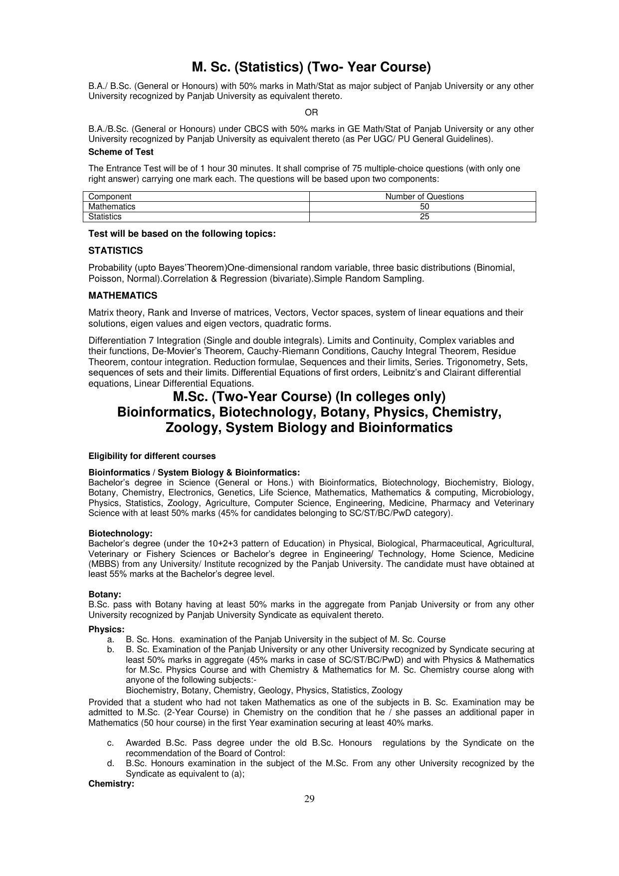Panjab University, Chandigarh PG Prospectus 2021 - Page 29