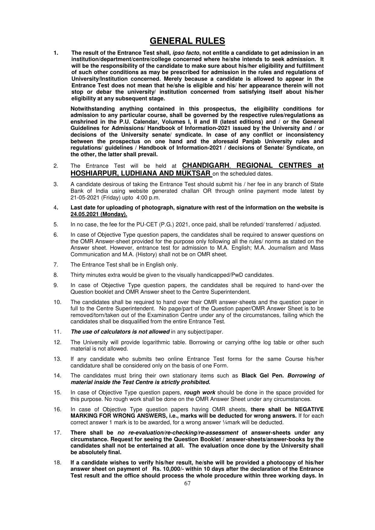 Panjab University, Chandigarh PG Prospectus 2021 - Page 67