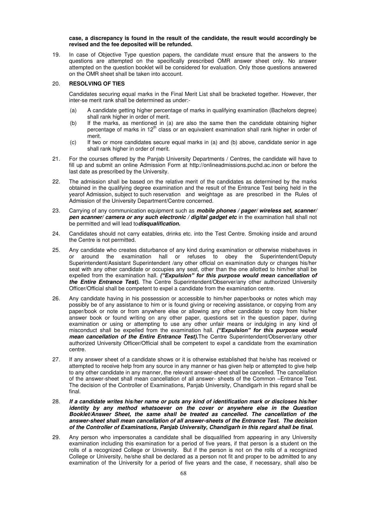 Panjab University, Chandigarh PG Prospectus 2021 - Page 68