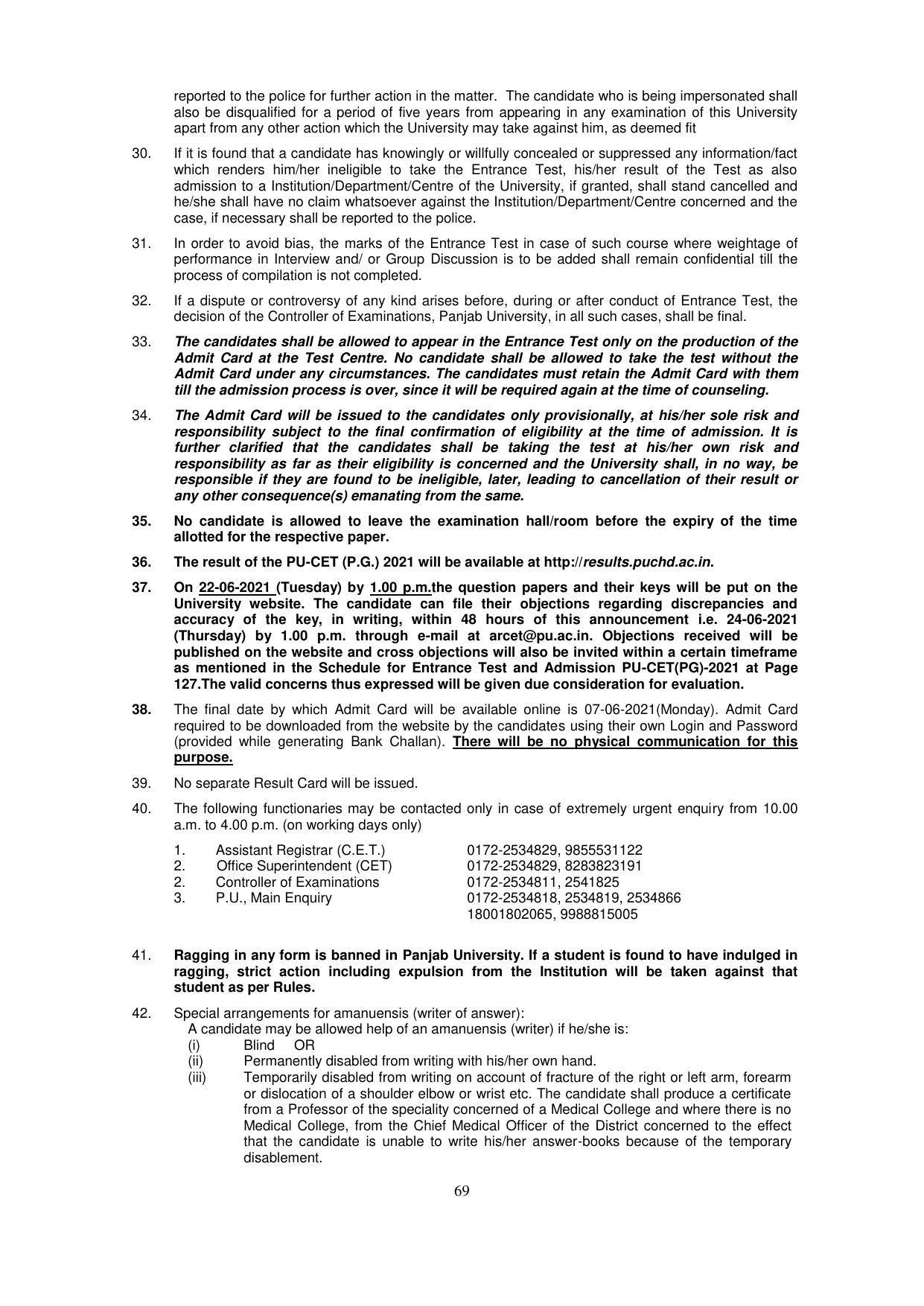 Panjab University, Chandigarh PG Prospectus 2021 - Page 69