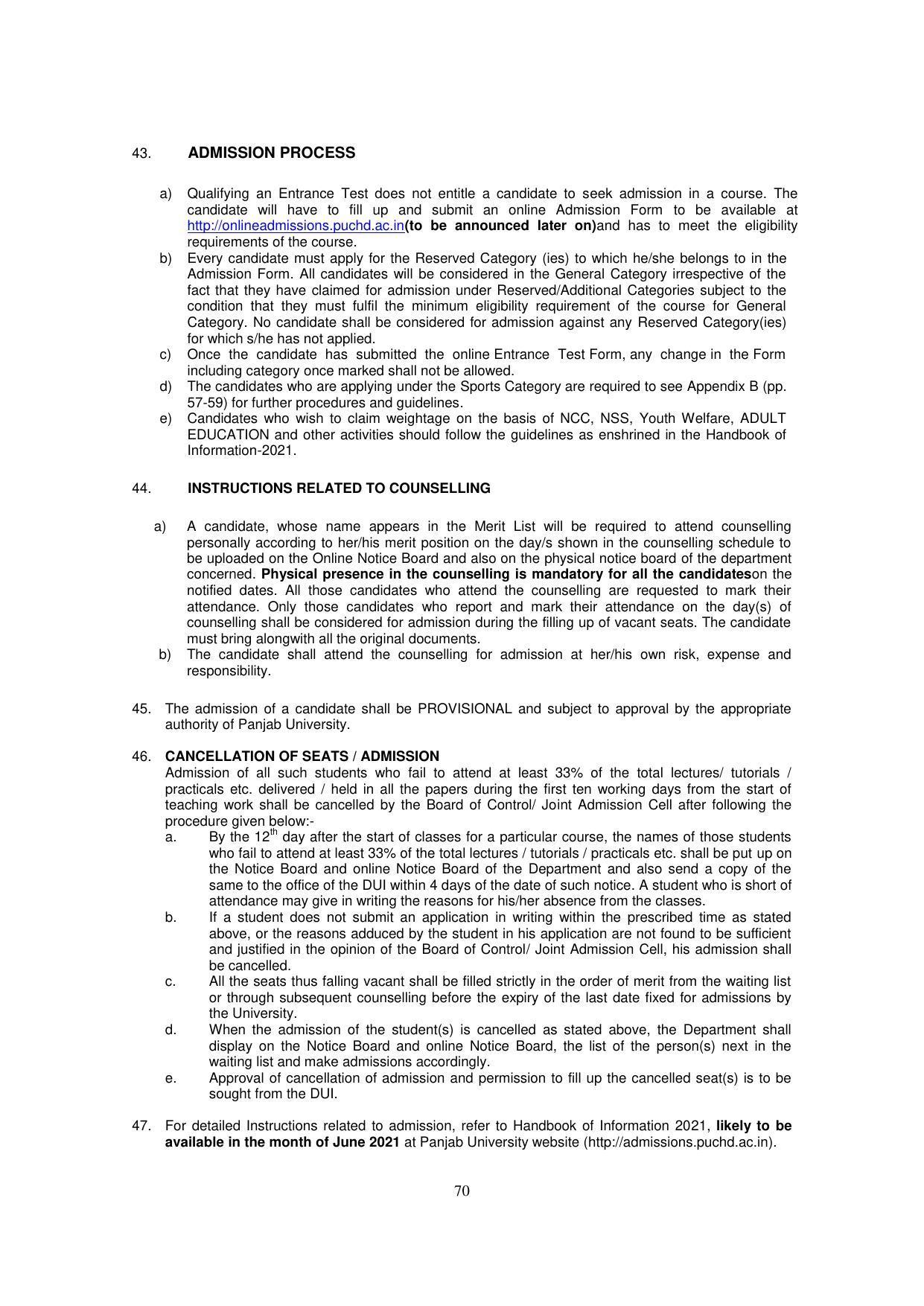 Panjab University, Chandigarh PG Prospectus 2021 - Page 70