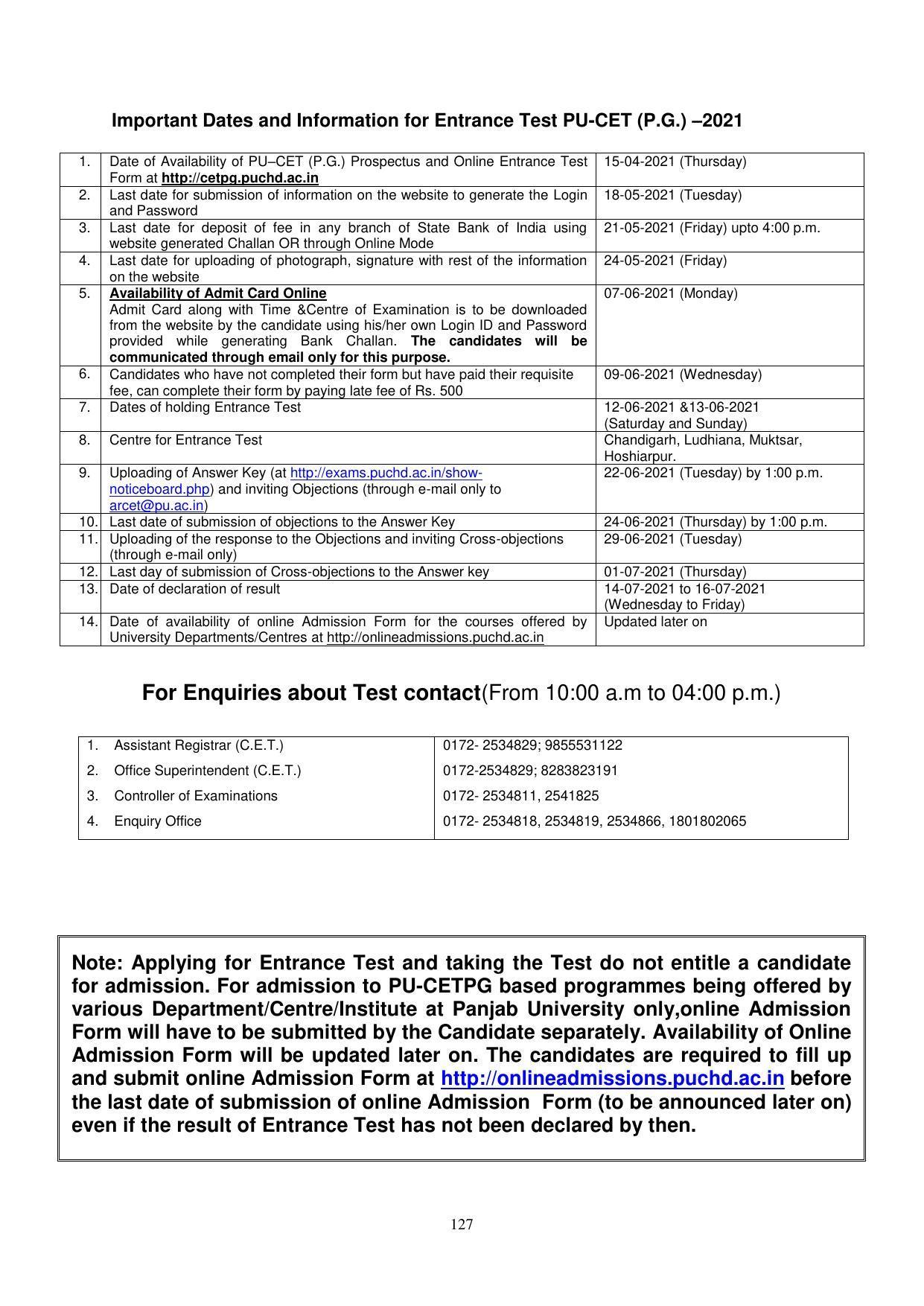 Panjab University, Chandigarh PG Prospectus 2021 - Page 127