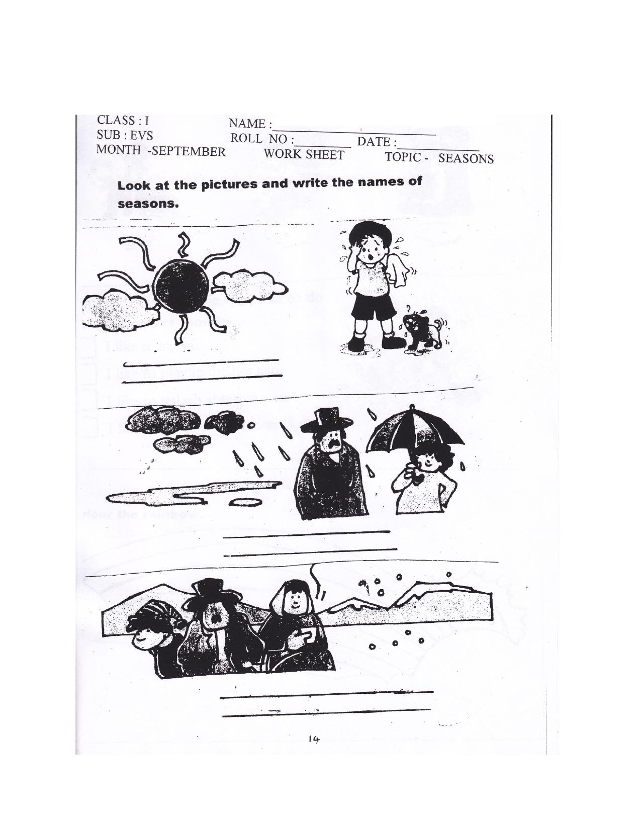 Worksheet for Class 1 EVS Seasons Assignment 1 - Page 1