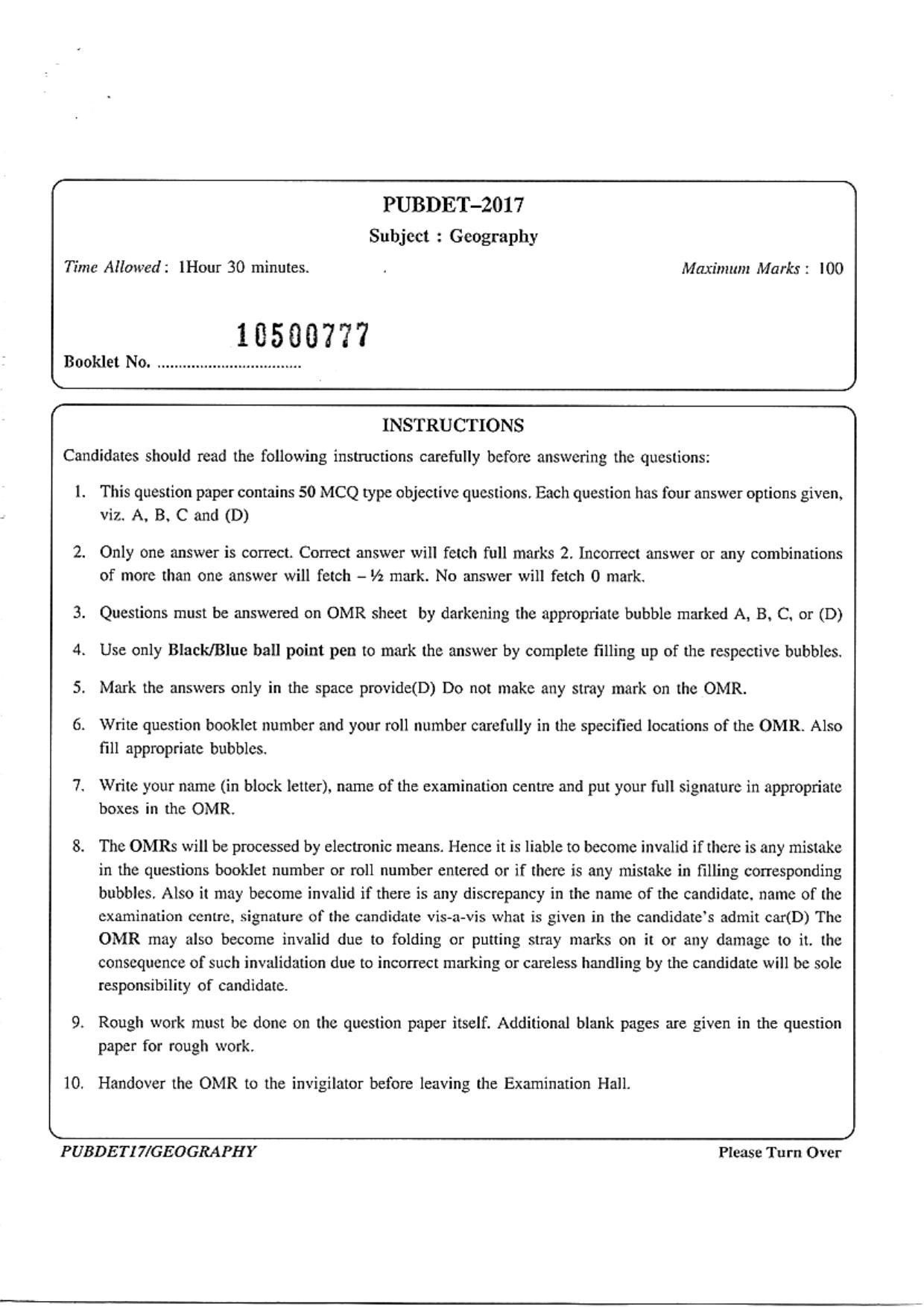 PUBDET 2017 Geography Question Papers - Page 1