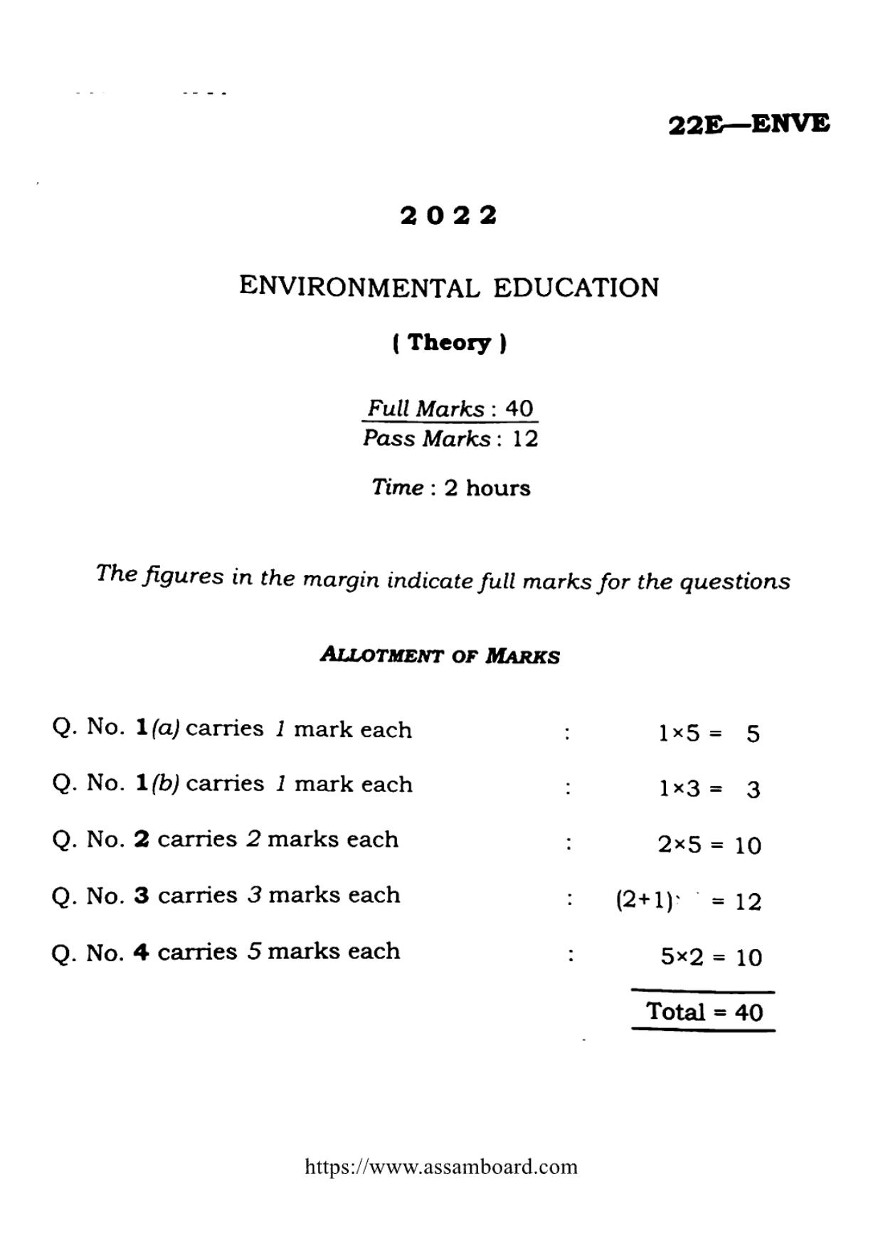 AHSEC Class 11 Environment Education 2022 Question Paper - Page 1