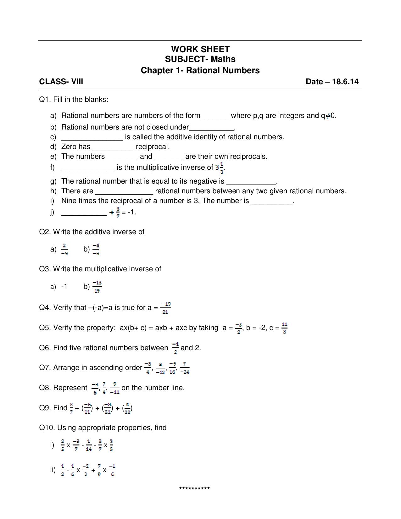 CBSE Worksheets for Class 8 Mathematics Rational Numbers sample papers - Page 1