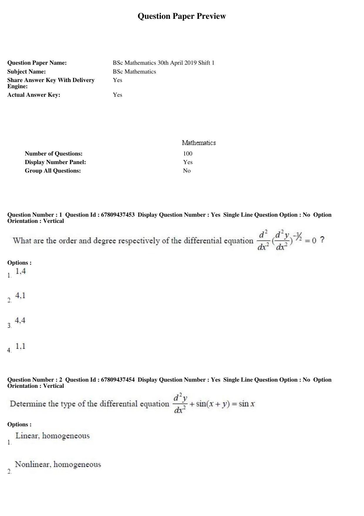 AP ECET 2019 - BSc Mathematics Question Paper With Preliminary Keys Shift1 - Page 1