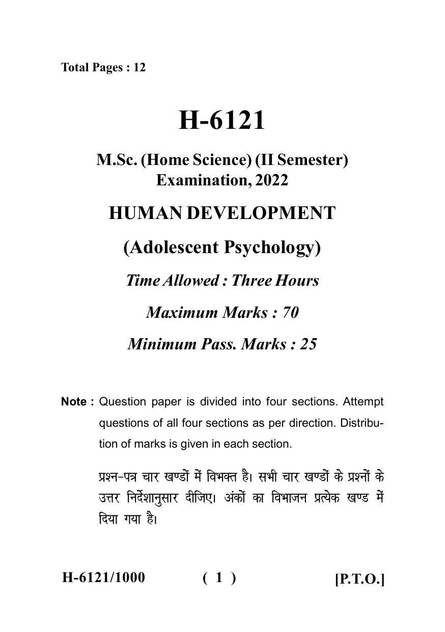 Sarguja University Question Paper July-2022 : M.Sc. In Home Science (Human Development) (Second Sem.) Adolescent Psychology Paper 1 - Page 1