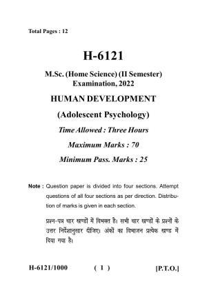 Sarguja University Question Paper July-2022 :  M.Sc. In Home Science (Human Development) (Second Sem.) Adolescent Psychology Paper 1