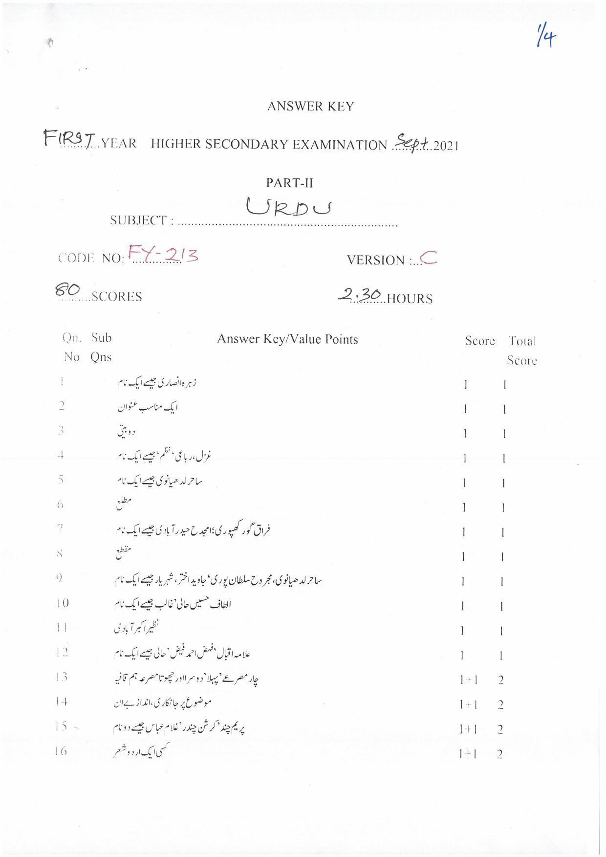 Kerala Plus One (Class 11th) Part-II Urdu Answer Key 2021 - Page 1