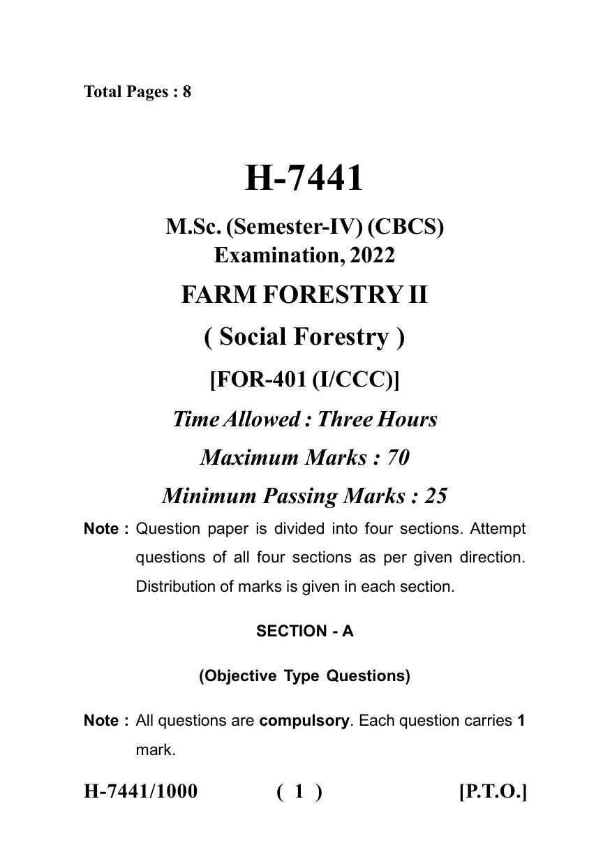 Sarguja University Question Paper July-2022 : M.Sc. In Farm-Forestry (Fourth sem.)Farm Forestry-II (Social Forestry) Paper 1 - Page 1