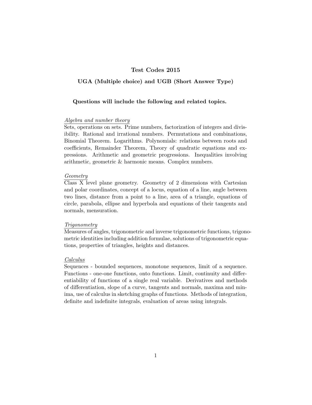 ISI Admission Test B. Math UGB 2015 Sample Paper - Page 1