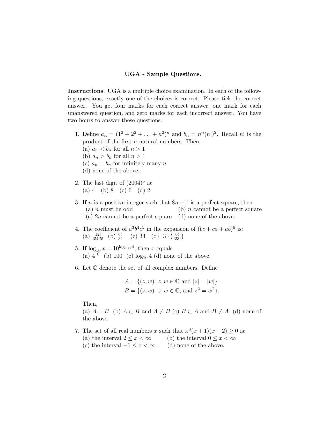 ISI Admission Test B. Math UGB 2015 Sample Paper - Page 2