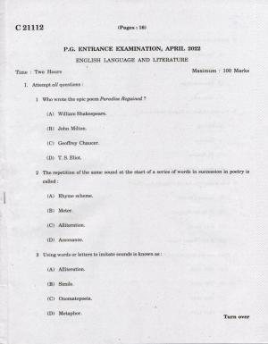 CUCAT 2022 M.A English Language & Literature Question Paper