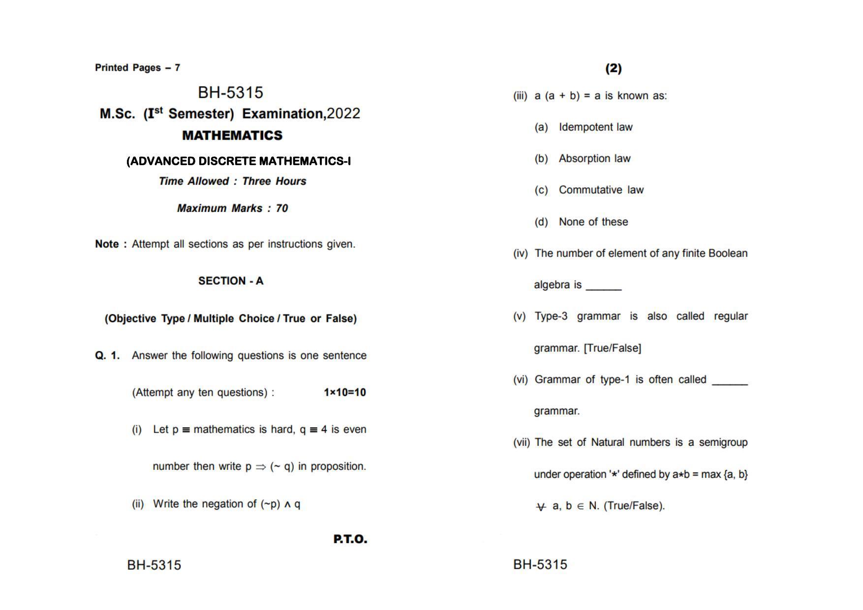 Sarguja University Question Paper - 2022 : M.Sc. In Mathematics (First Sem.)Advanced Discrete Mathematics (I) Paper 1 - Page 1