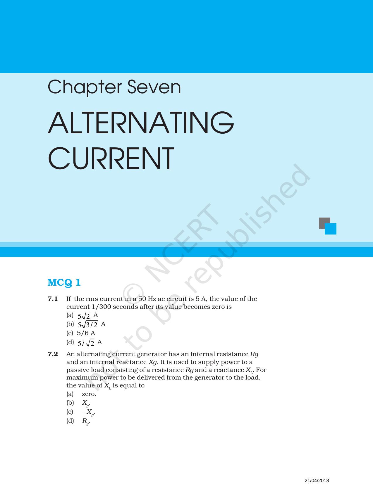 NCERT Exemplar Book for Class 12 Physics: Chapter 7 Alternating Current - Page 1
